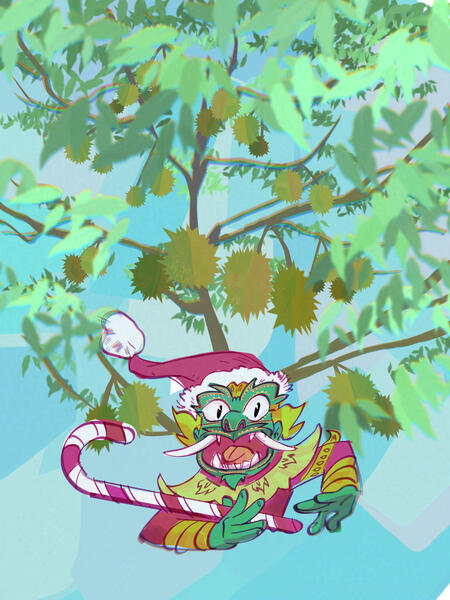 Tradition Thai temple guardian, this time ready for Christmas with Durian tree!